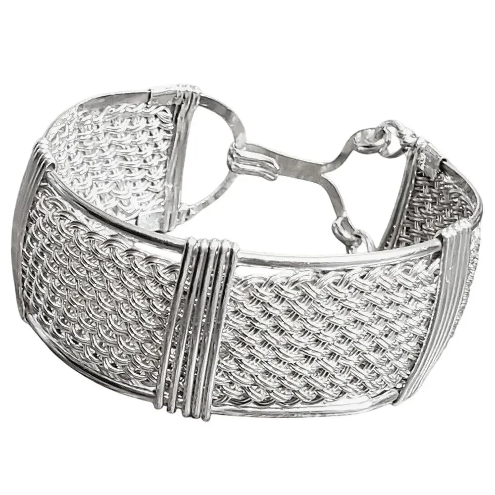 Handwoven 25mm Wide Textile Weave Sterling Silver Bracelet 42 Grams